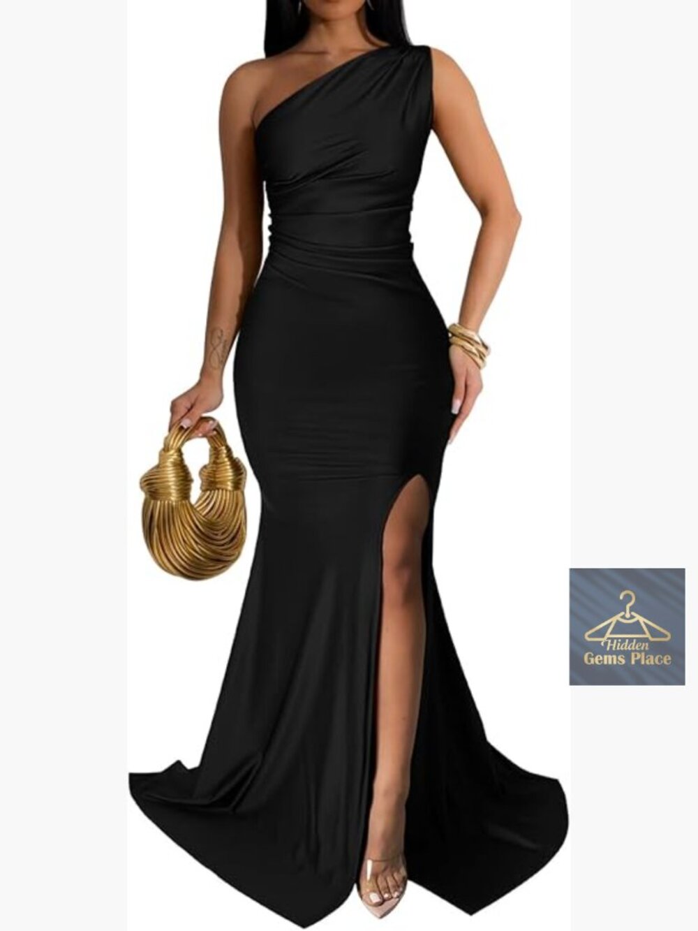 One Shoulder Ruched High Split Maxi Formal Dress